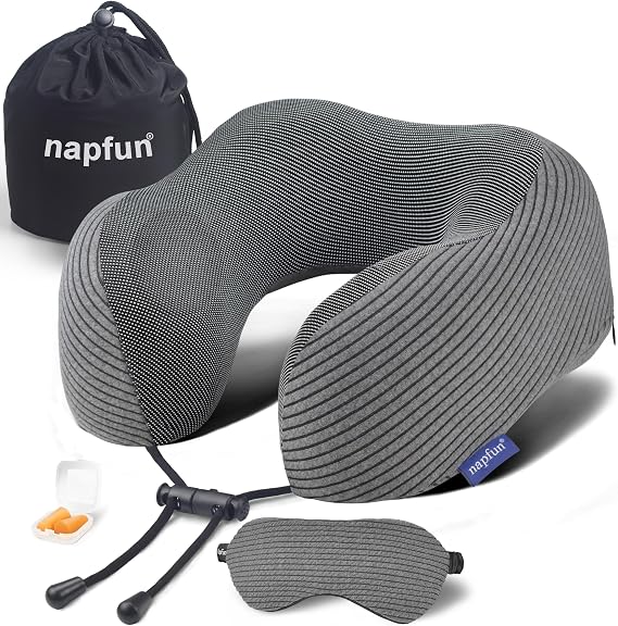 napfun Neck Pillow for Travel with Travel Pouch, Sleep Mask & Earplugs, Memory Foam Airplane Pillow for Headrest Sleep with Eyeshades, Plane Essentials with Eye Blindfold, Dark Gray Striped Kit