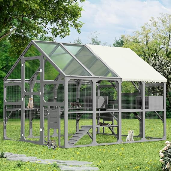 Large Catio Outdoor Cat Enclosure for Multiple Kittens, Wooden Cat House with 7 Platforms, 2 Resting Boxes, 1 Bridge and 1 Ramp, Walk in Kitty Cage Kennel with Sunshine Board Roof, (49 ft2)