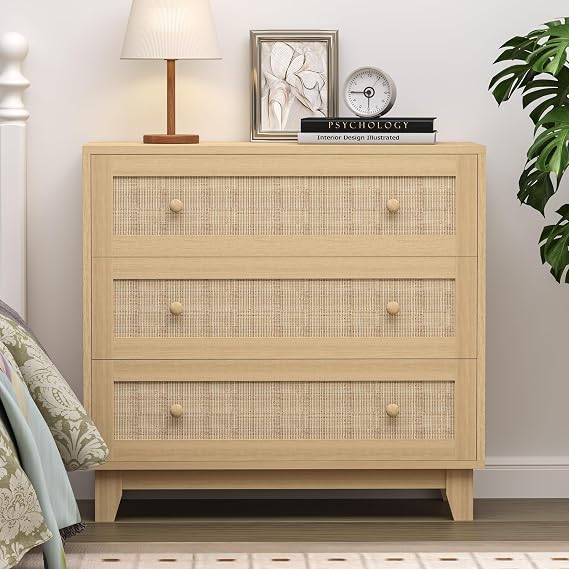 Xixini 3 Drawer Dresser for Bedroom, Boho Small Natural Rattan Closet Dressers Chest of Drawers, Modern Wood Clothes Storage Organizer with Wooden Feet and Handles for Hallway, Living Room, Entryway