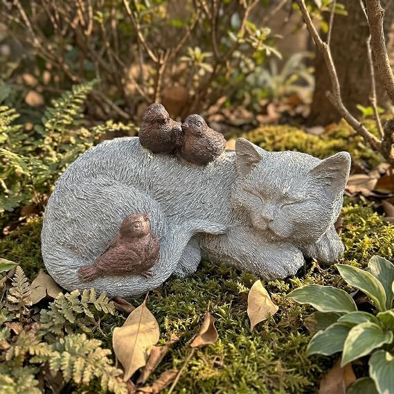 Cat Statue Outdoor Garden Decor - 11.4" Sparrows on Cat Figurine Memorial Grave Markers Garden Resin Sculpture for Outdoor Decoration, Pet Statues Gifts for Loss of Tabby Sympathy 11.4" x 7.1" x 4.6"