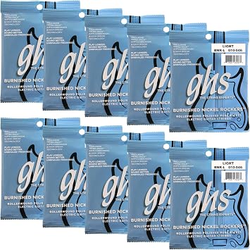 GHS Strings - Burnished Nickel Rockers - Electric Guitar Strings - Pure Nickel - Polished for a Smooth Feel - Warm Vintage Tone - Retro Rock & Blues Sound - Light Gauge - BNR-L SET - 10-46 - 10 PACK