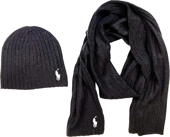 Polo Ralph Lauren Mens 2 Piece Set Hat & Scarf Black Lambswool Blend