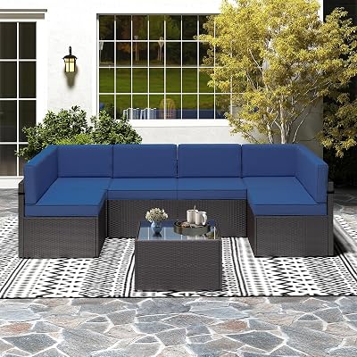 7 PCs Sectional Sofa Patio Furniture Sets, PE Wicker Outdoor Sofa with Tea Table, for Backyard