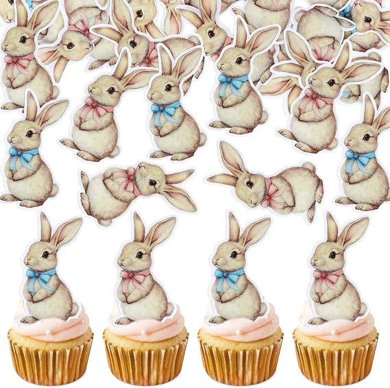 40 Edible Easter Bunny Cupcake Toppers, Rabbit Cupcake Picks, Easter Day Cake Toppers for Easter Theme Spring Birthday Spring Easter Party Cake Decorations
