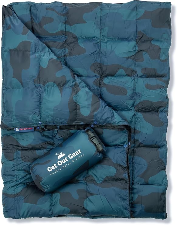 Get Out Gear Down Camping Blanket - Puffy, Packable, Lightweight and Warm | Ideal for Outdoors, Travel, Stadium, Festivals, Beach, Hammock | 650 Fill Power Water-Resistant Backpacking Quilt