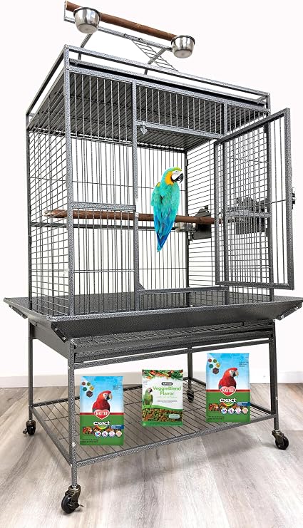 X-Large 32" Lx23 Wx69 H Deluxe Wrought Iron Bird Parrot Cage Top Play Ground Walk Ladder Stainless Cups Include Seed Guard Large Storage Shelf Heavy Duty Rolling Lockable Wheels
