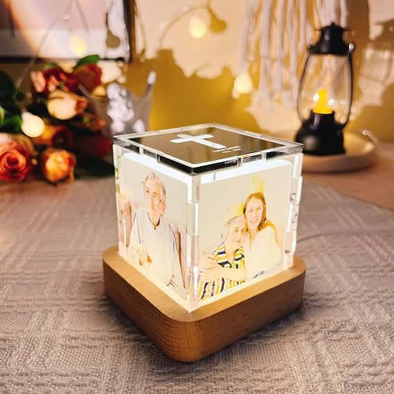 Personalized Photo Cube Lamp - Custom Multi Picture Name Frame Acrylic Magic Cube LED Night Light Home Decor Father's Day Birthdays Gift for Mom Dad Family Friends (Cross Pattern)
