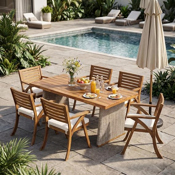 Christopher Knight Home Zax Acacia Wood Outdoor Dining Table Set for 6, 7 Pieces Outdoor Dining Set, Patio Table and Dining Chairs Set of 6 with Cushions, Patio Furniture Set, Teak + Brown + Cream