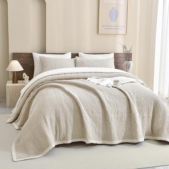 CozyTide Cotton Oversized King Bedspread 128"x120",Light Khaki Waffle Weave Oversized King Coverlet Quilt Set 3 Pieces Wheat Lightweight Farmhouse Soft Extra Large King Quilt Bedding Set