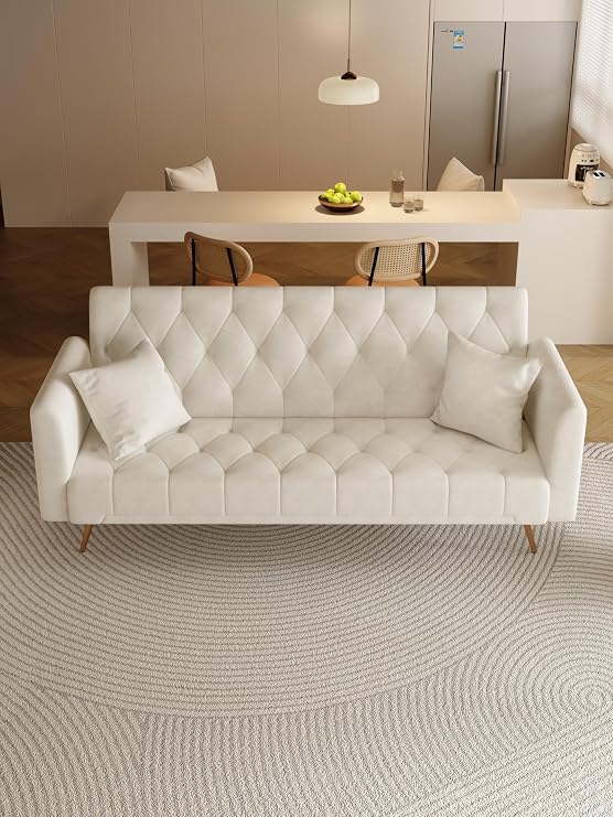 71 Inch Convertible Love Seat Sofa, American Retro Pink Velvet Loveseat Sofa with Gold Metal Legs, Side Pockets, Small Couch for Bedroom Office Apartment (Beige)