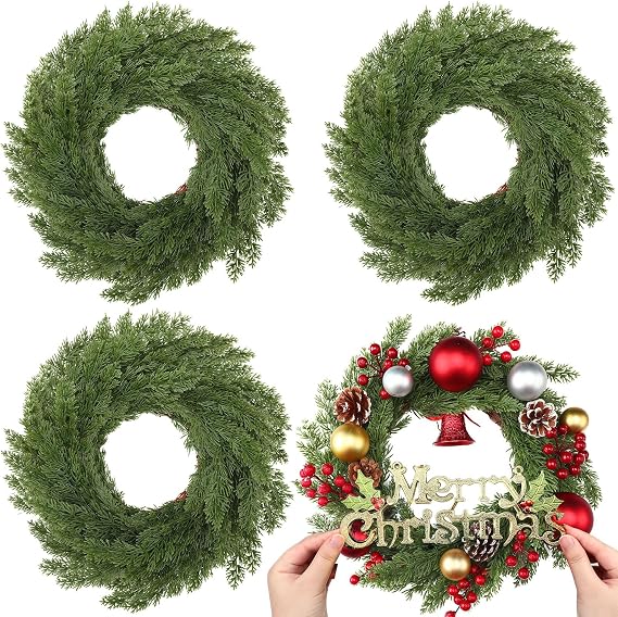 Christmas DIY Green Wreath 14 Inch Artificial Christmas Wreaths Faux Plain Wreaths for Decorating Front Door Window Room Farmhouse Xmas Party Indoor Outdoor(Cypress Style,4 Pcs)