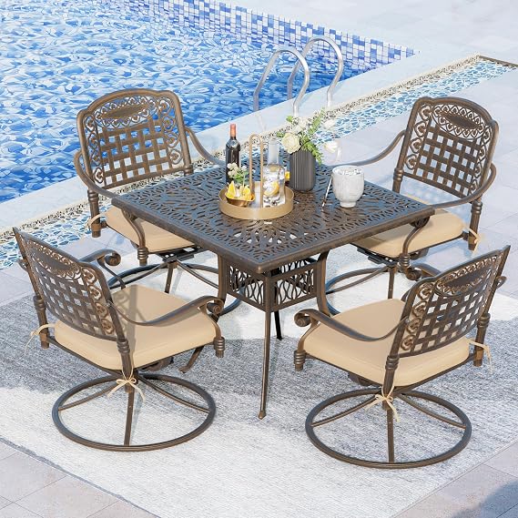 Grepatio 5 Piece Cast Aluminum Patio Dining Set, Outdoor Furniture Set with 4 Swivel Rocker Ding Chairs, 4 Cushions and 35.4" Square Table with 2" Umbrella Hole, Antique Bronze (Grid)