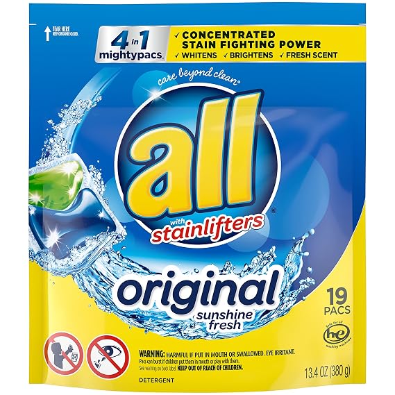 All Mighty Pacs Laundry Detergent, 4 In 1 Stainlifter Pouch, 19 Count