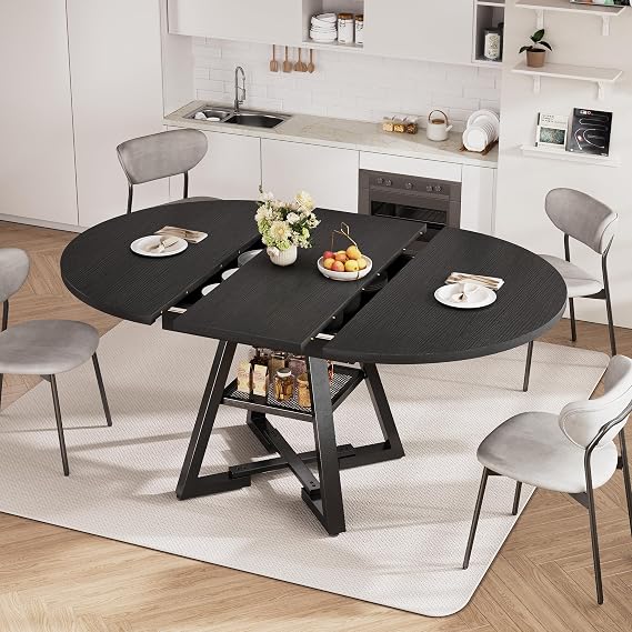 Extendable Dining Table for 4-6, Round Extendable Dining Room Table with Removable Leaf & Storage Shelf, Expandable Oval Kitchen Table with Pedestal Base, Modern Industrial Space Saving (Black)