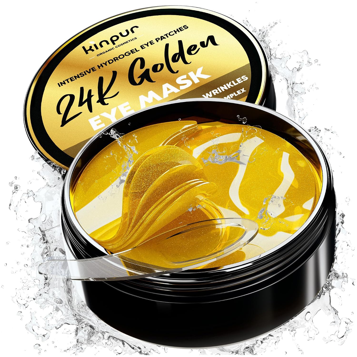 KINPUR ORGANIC COSMETICS 24k Gold Under Eye Patches for Dark Circles: 30 Pairs Golden Hydrogel Eye Pads - Reduce Puffy Eyes, Dark Circles, Wrinkles, Undereye Bags - Brightening Eye Mask Skincare