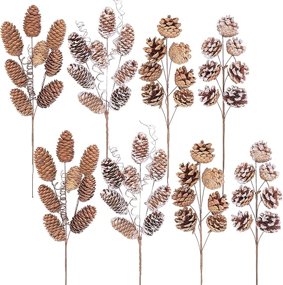 8 Pcs Large Natural Pinecone Branches Ornaments - 14" Snow Pinecones Picks