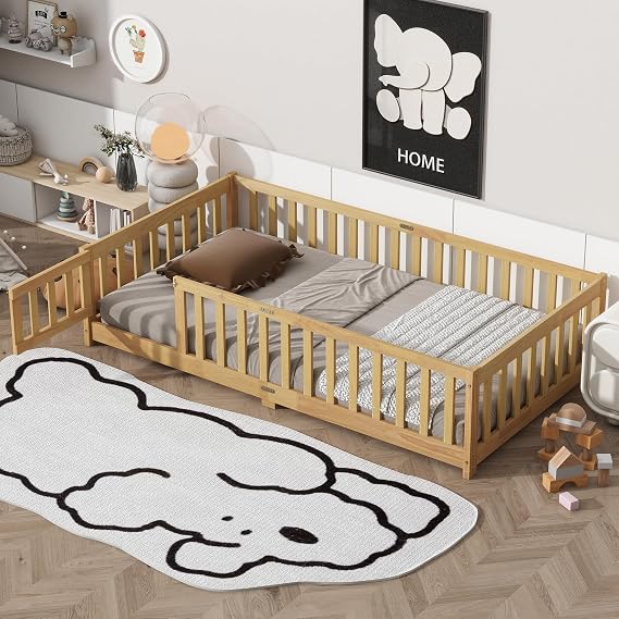 Twin Size Montessori Floor Bed with Safety Fence & Convertible Door, Pine Wood Toddler Floor Bed Frame with Support Slats -Length Guardrails for Kids Girls Boys (Natural)