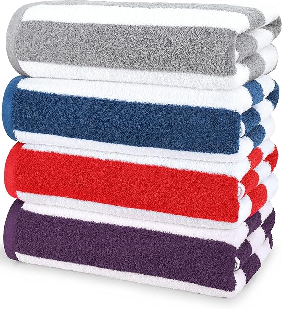 Utopia Towels Cabana Stripe Beach Towel, Oversized 100% Ringspun Cotton Pool Towels, Highly Absorbent Bath Towels for Beach (Red, Navy, Grey & Plum, 30X60 Inch - 4 Pack)