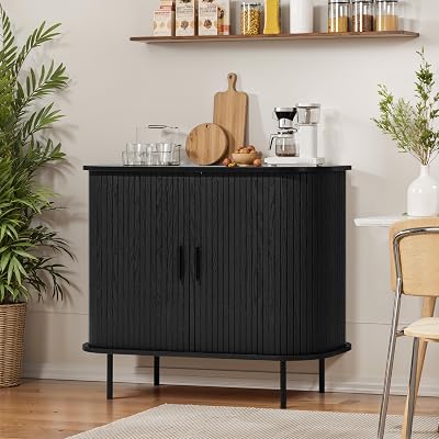 LuxenHome Sideboard Buffet Cabinet with Storage, 35 Black Mid Century Modern Accent Cabinet, Sliding Door Entryway Small Storage Cabinets for Kitchen, Living Room, Entryway