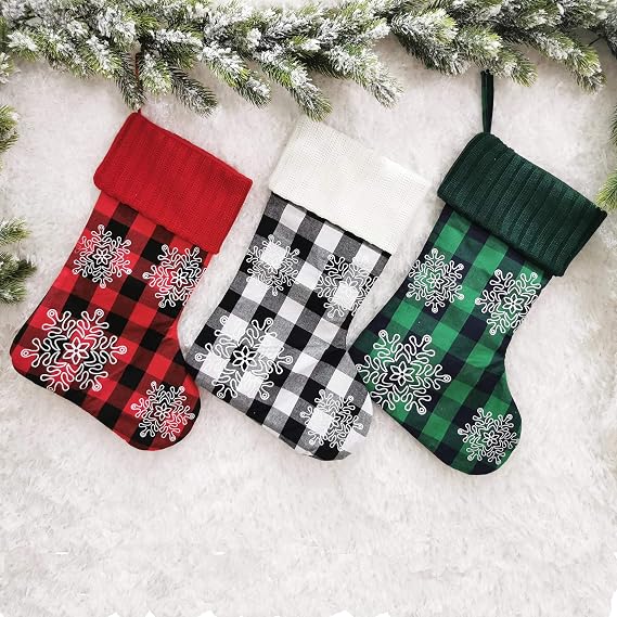SherryDC Buffalo Plaid Christmas Stockings 3 Pack, Pet Paw Snowflake Stocking with Knitted Cuff Fireplace Hanging Stockings for Xmas Decoration