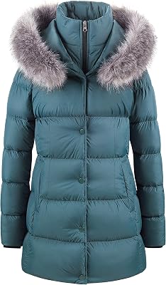CREATMO US Womens Winter Snow Jacket Long Fur Puffer Coat With Removable Faux Fur Trim