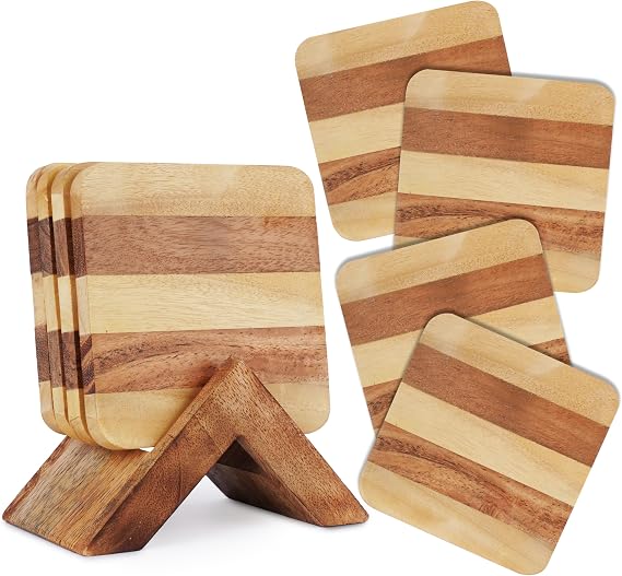 Ajuny Wooden Coasters with Holder Set of 4 Dual Tone Table Mats 4 x 4 Inch | Handmade Burnt Wood Table Protectors for Coffee Tea Mugs Dining Desks Bars Housewarming and Home Decor Gifts