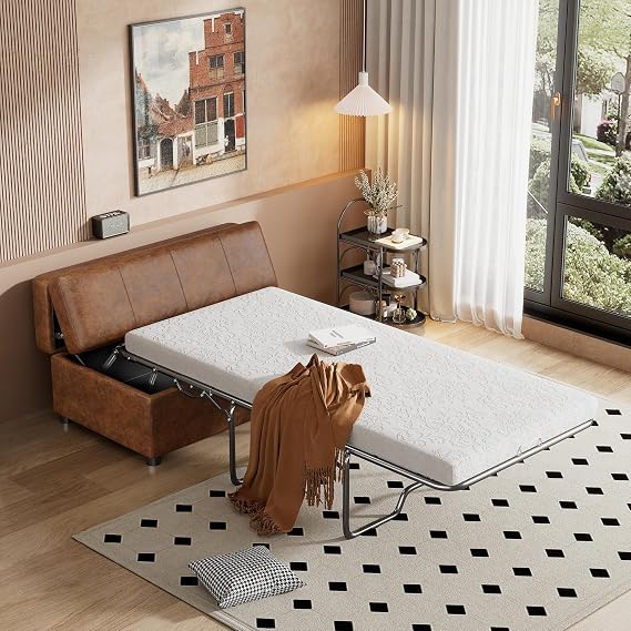 Folding Ottoman Bed Murphy Bed Twin Size with Mattress, Brown