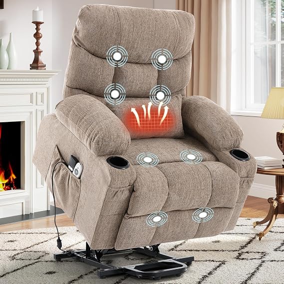 Power Lift Recliner Chair for Elderly with Vibration Massage and Lumbar Heating Electric Recliner Sofa with Cup Holders and USB Charge Port for Living Room Comfort,Light Brown