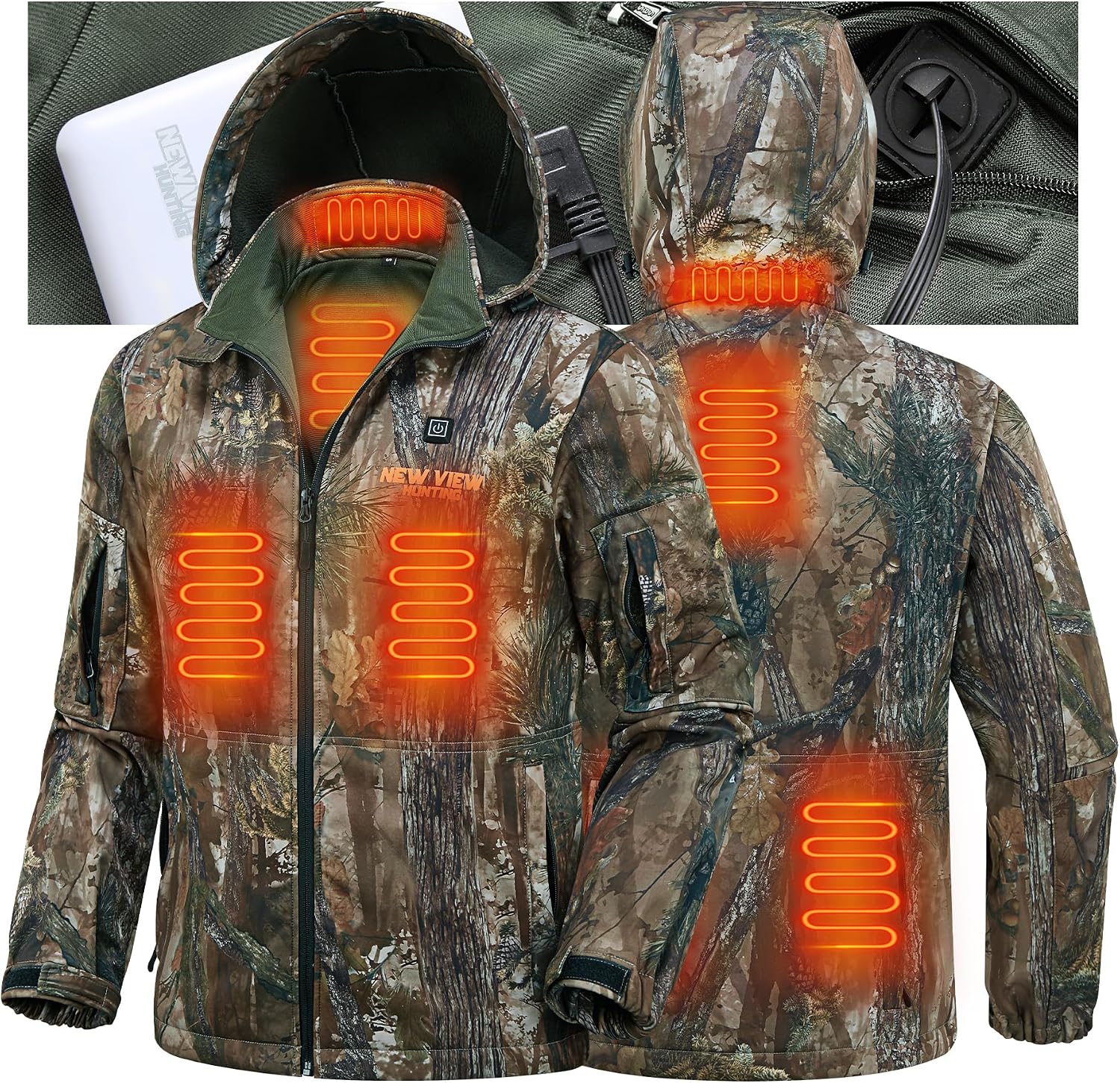 NEW VIEW Mens Heated Jacket with 10000mAh Battery Pack,Electric Heated Coat Rechargeable for Winter Outdoors Hunting Fishing