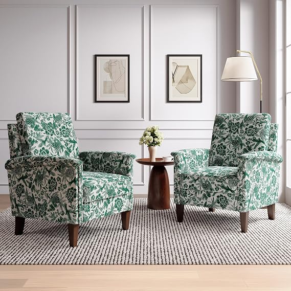 Accent Chair Set of 2, Modern Floral High Back Upholstered Armchair with Solid Legs for Living Room, Spring-Padded Cushion and Removable Back Cushion Bedroom Reading Single Sofa Chair, Green