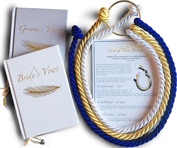 Wedding Ceremony Gift Collection Set of Cord of Three Strands with Ceremony Card & Elegant Wedding Vows Books for Bride and Groom; Wedding Cord, Wedding Knot