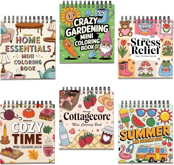 Yetişkinler için Rahat Temalı Mini Boyama Kitapları - Spiral Bağlı Cep Boyutu 3,5 x 3,5 - Paket 6, Küçük Seyahat Kitabı, Stres Giderme, Gevşeme ve Farkındalık için Küçük Boyama Kitabı