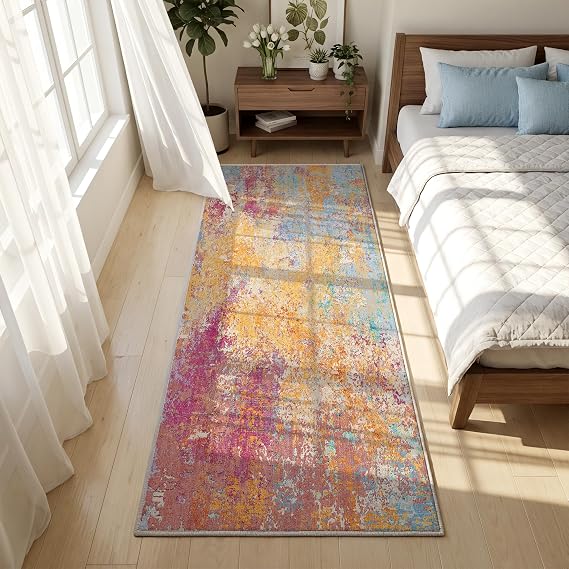 Machine Washable Runner Rug 80x150cm, Short Pile, Non-Slip Backing, Non-Shedding, Abstract Sunset Rainbow Rug, Ideal for Hallway, Kitchen, Entryway, Bedroom, Bathroom