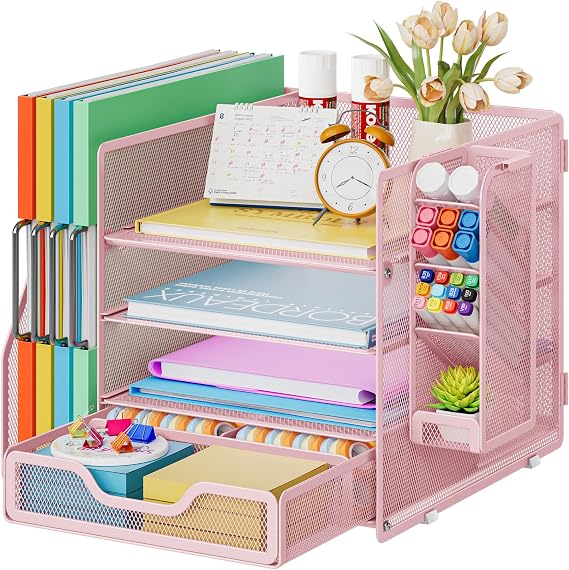 Marbrasse Mesh Desk Organiser,4-Tier Desk File Holder and Drawer,Multifunctional Desktop Paper Letter Tray with Pen Holder,Desktop Storage Organiser for Office Home and School (Pink)