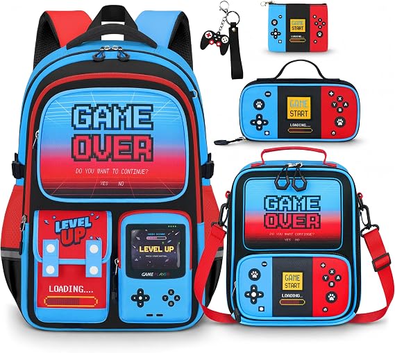Boys Gamer Backpack with Lunch Box Set, 4 PCS Gaming Bookbag for Boys