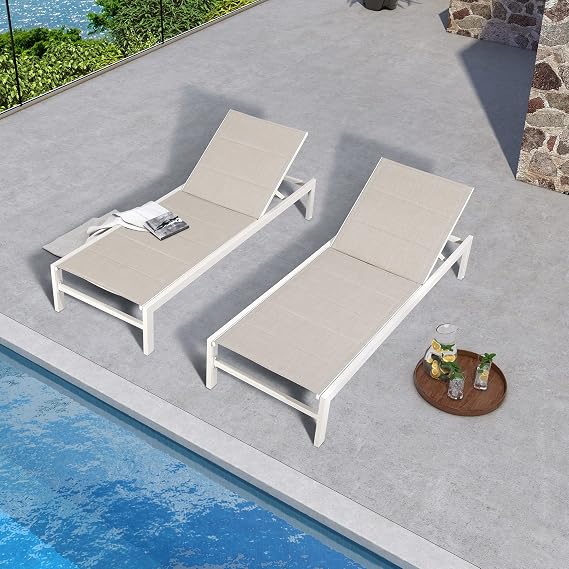 Ulax furniture Outdoor Lounge Chair, Aluminum Chaise Chair, Adjustable Lounger Recliner with Wheels and Padded Quick Dry Foam for Patio (2 x Chair, Beige)