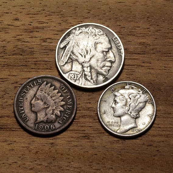 Old U.S. Coins 3 Coin Collection Gift Set - Indian Head Cent, Buffalo Nickel, Mercury Dime