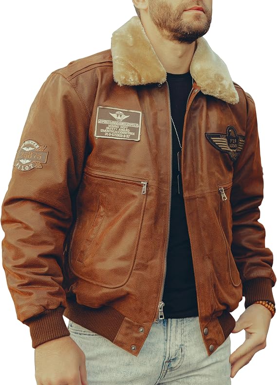 FLAVOR Men's Genuine Leather Bomber Leather Jacket Pilot Leather Coat Leather Jacket with Removable Fur Collar Fall/Winter Cold Weather Gear