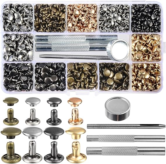 640 Sets Mixed Color Leather Rivets Kit Mixed Size Double Cap Rivets Garment Rivets with Rivet Press Setter Tool for Leather Craft Clothing Shoes Belts Bags Rivets 4 Color 2 Sizes
