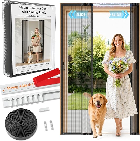 Sliding Magnetic Screen Door with Sliding Rail Black, Fits 32'' x 80'' Door