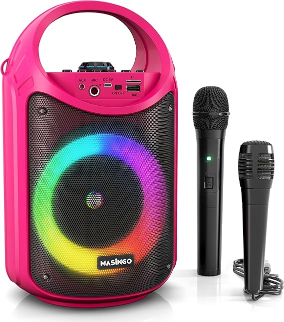 MASINGO Karaoke Machine for Kids and Adults with 1 Wireless Karaoke Microphone and 1 Wired Mic, PA Portable Speaker with LED Lights, Supports TF Card/USB, AUX/MIC in, TWS for Home Party, Burletta C10