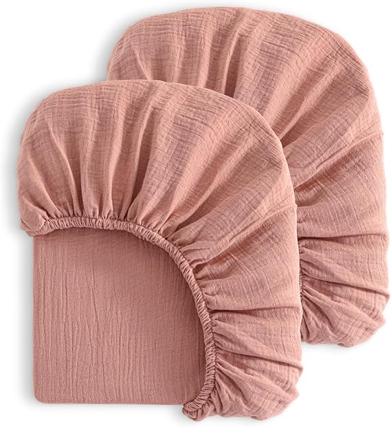 NTBAY 2 Pack Muslin Cotton Mini Crib Sheets, Soft and Breathable Double Layer 24x38 Baby Crib Sheets for Mini Crib and Toddler Mattresses, Boys, Girls, Unisex, Blush Pink, 24x38 Inches