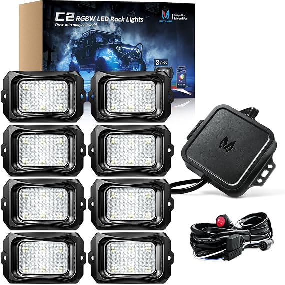 MICTUNING C2 Curved RGBW Rock Lights 8 Pods with Wiring Switch Kit