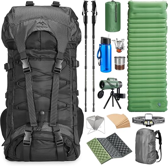 Premium Hiking Camping Backpack Set, Casual Style with Inflatable Sleeping Pad, Trekking Poles, Monocular, Water Filter Bottle & LED Headlamp - Adventure Essentials for Outdoor Explorers