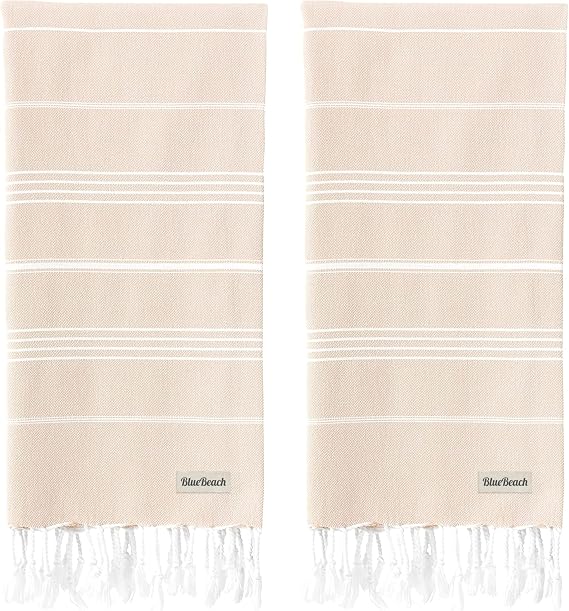 Blue Beach Turkish Towel - Set of 2-100x180cm Large Turkish Hammam Peshtemal Towel - Super Absorbent, Quick Dry, Lightweight, Compact Towels for Swimming, Bath, Gym and Travel (Beige)
