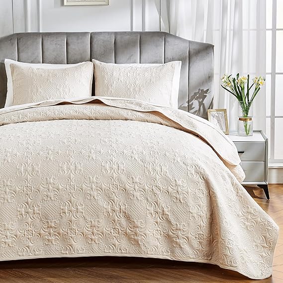 Qucover Quilted Bedspreads Double, Lightweight Bed Cover Quilt Sets Beige