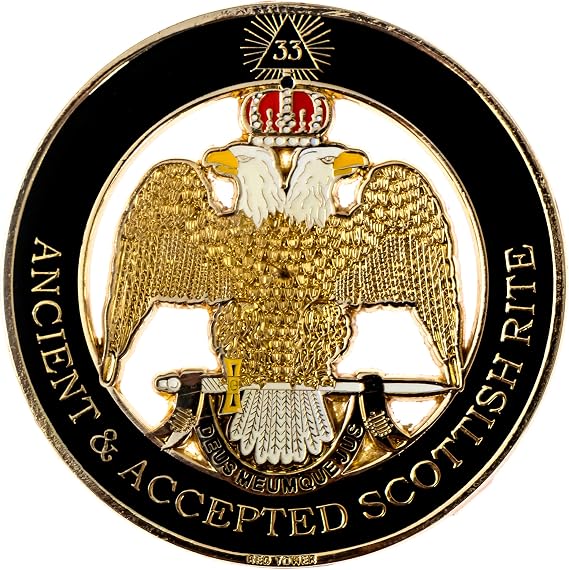 33rd Degree Double Headed Eagle Ancient & Accepted Scottish Rite (Wings Down) Round Masonic Auto Emblem - [Black & Gold][3'' Diameter]