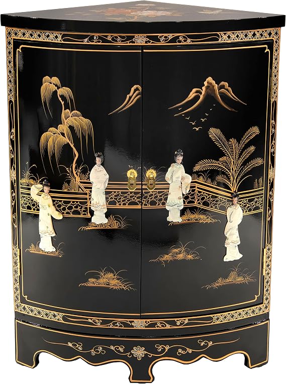 Red Lantern Hand Crafted Artisanal Black Lacquer Round Corner Cabinet - Royal Ladies