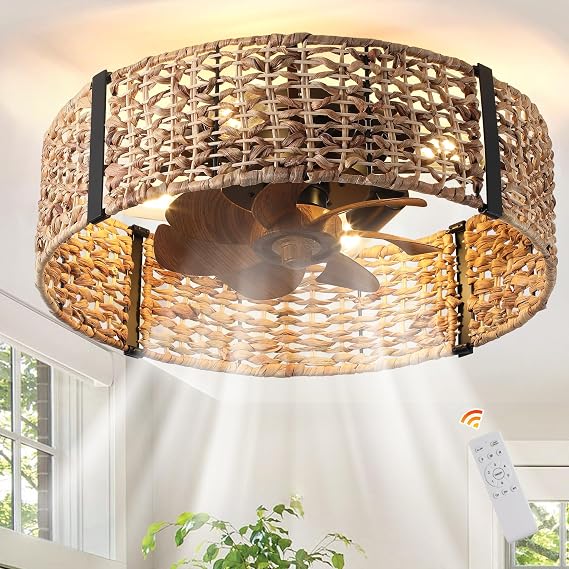 20" Boho Fandelier Ceiling Fan with Light, Rattan Caged Ceiling Fan with Light and Remote Control, Quiet Reversible Motor Enclosed Low Profile 6 Speeds for Bedroom Living Room Porch Kids Room