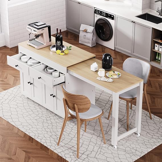 Merax Extendable Kitchen Island on Wheels, Rolling Island Cart with Extendable Table, Kitchen Island Carts with Storage 2 Drawers, Mobile Kitchen Storage Island with Dining Table, Spice Rack, White